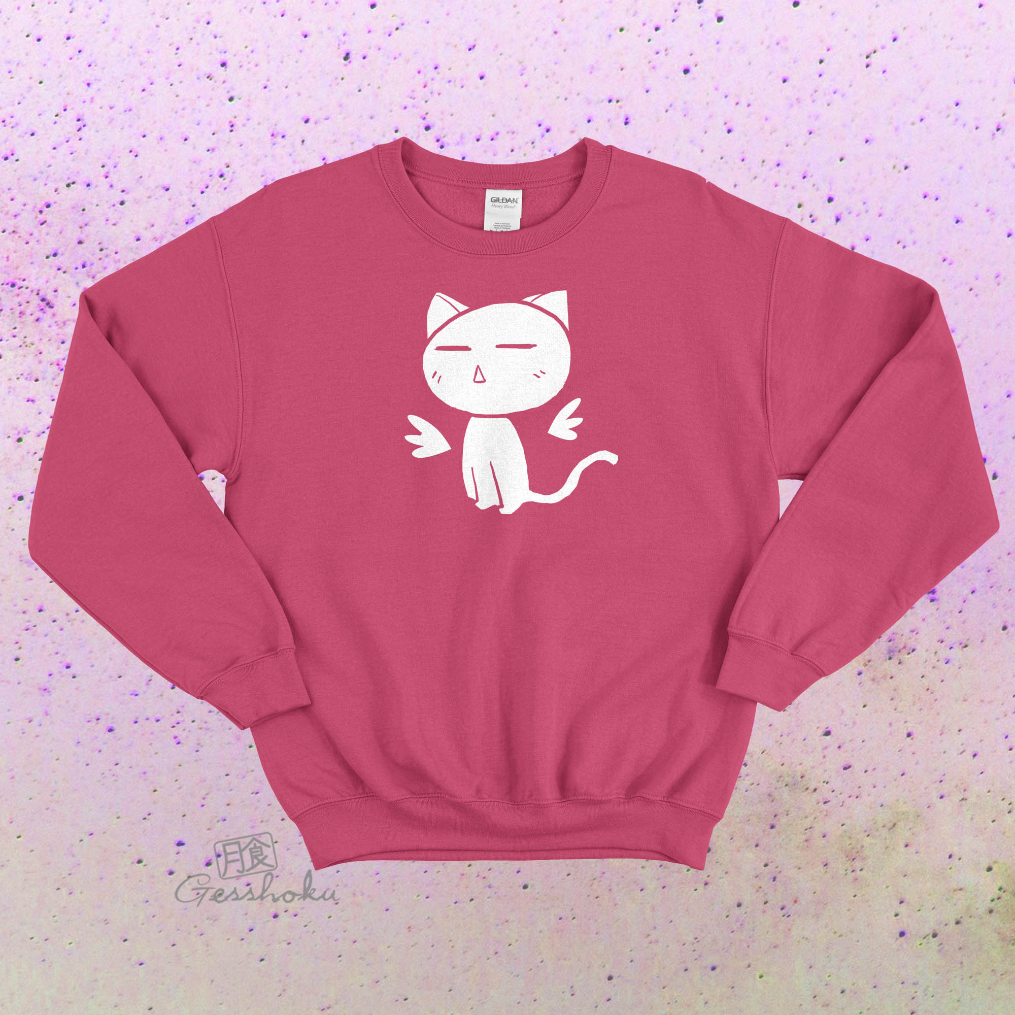 Angel Wings Kawaii Kitty Crewneck Sweatshirt - Hot Pink
