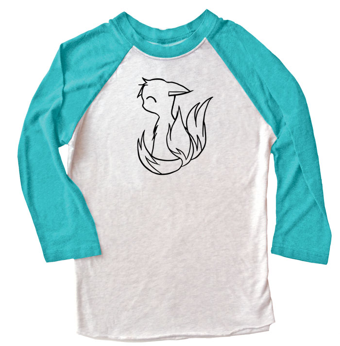 3-Tailed Baby Kitsune Raglan T-shirt 3/4 Sleeve - Teal/White