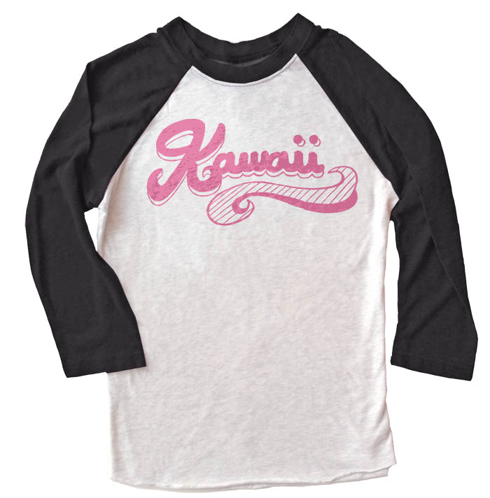 Kawaii Retro Swoosh Raglan T-shirt 3/4 Sleeve - Black/White