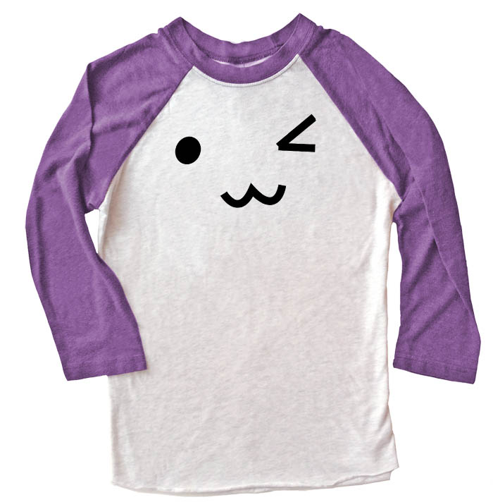 Kawaii Face Raglan T-shirt 3/4 Sleeve - Purple/White