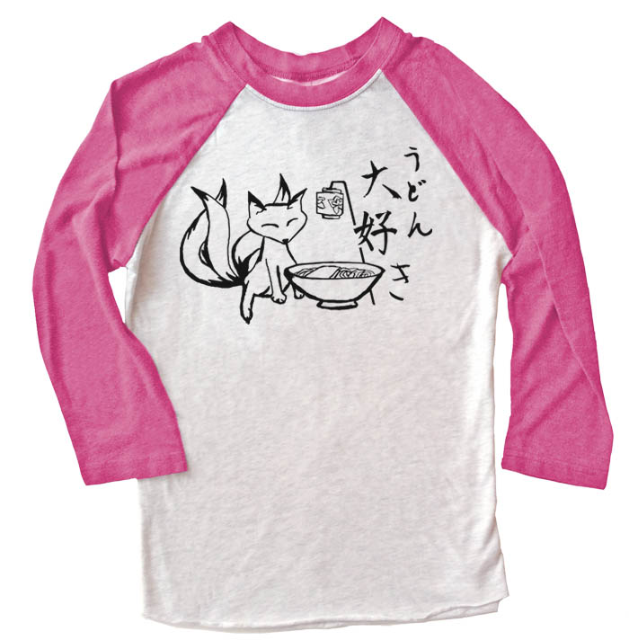 Kitsune Udon Raglan T-shirt - Pink/White