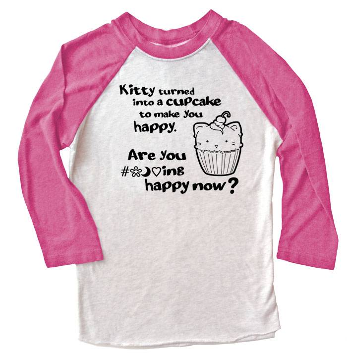 Kitty Turned into a Cupcake Raglan T-shirt 3/4 Sleeve - Pink/White