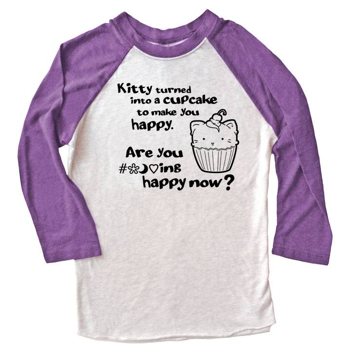 Kitty Turned into a Cupcake Raglan T-shirt 3/4 Sleeve - Purple/White