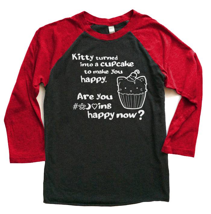 Kitty Turned into a Cupcake Raglan T-shirt 3/4 Sleeve - Red/Black