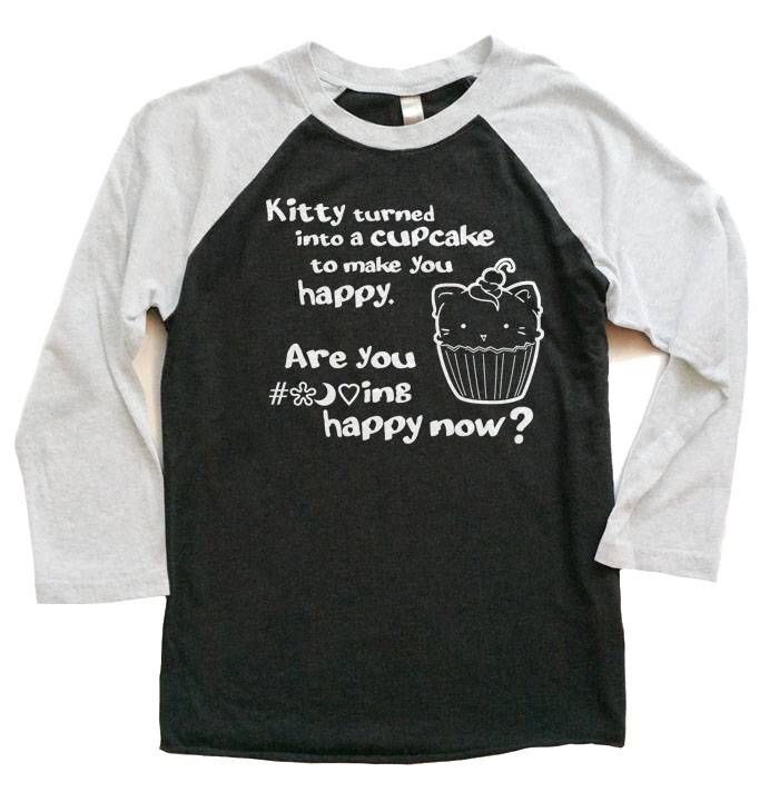 Kitty Turned into a Cupcake Raglan T-shirt 3/4 Sleeve - White/Black