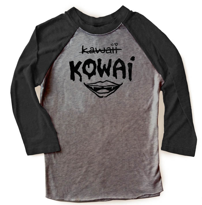 KOWAI not Kawaii Raglan T-shirt 3/4 Sleeve - Black/Charcoal Grey