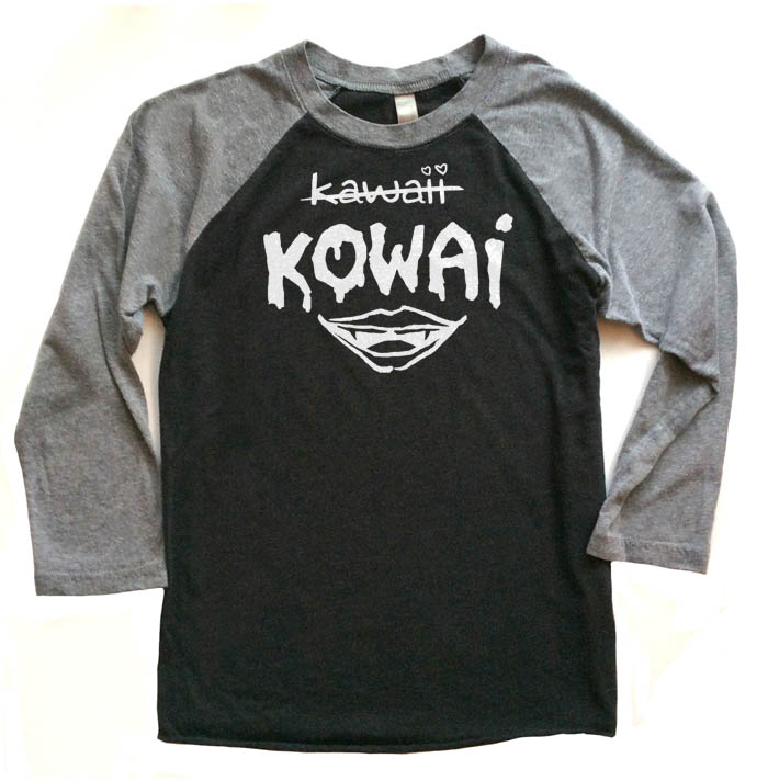 KOWAI not Kawaii Raglan T-shirt 3/4 Sleeve - Grey/Black