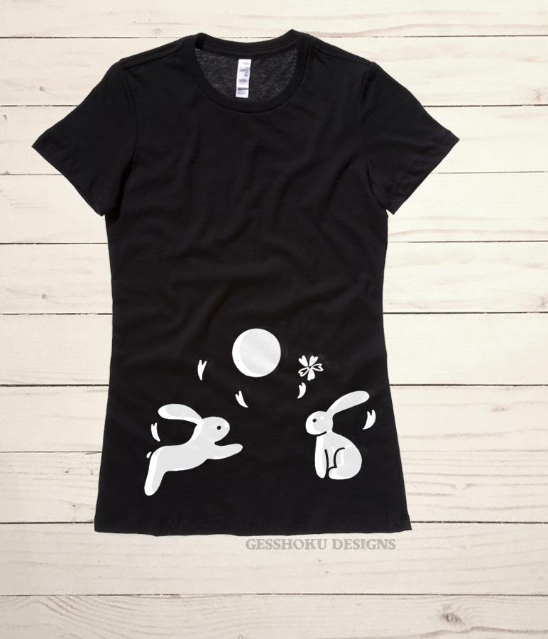Japanese Moon Bunnies Ladies T-shirt - Black