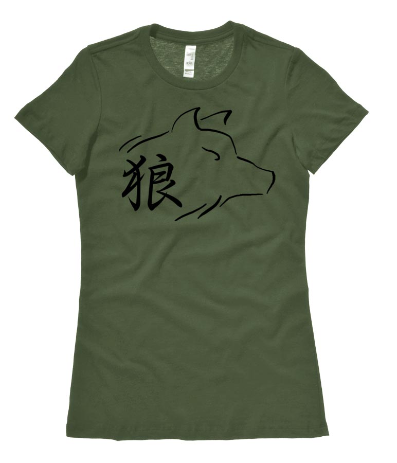 Ookami Wolf Kanji Ladies T-shirt - Olive Green