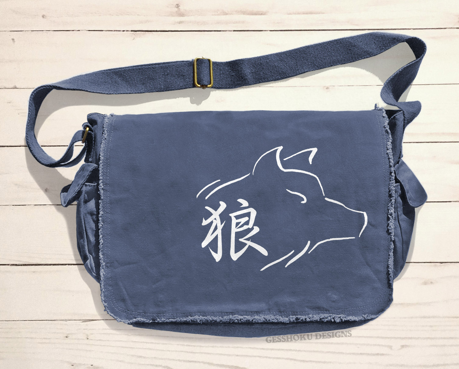 Ookami Wolf Kanji Messenger Bag - Denim Blue