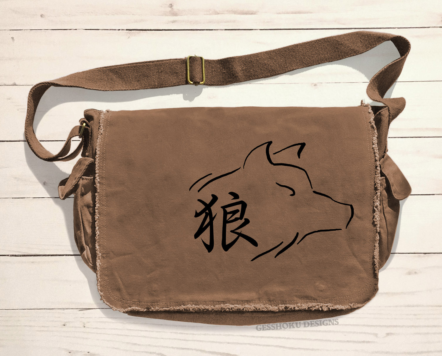 Ookami Wolf Kanji Messenger Bag - Brown
