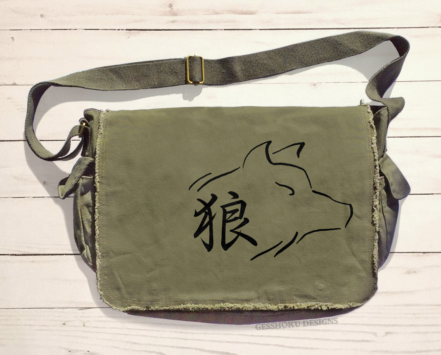 Ookami Wolf Kanji Messenger Bag - Khaki Green