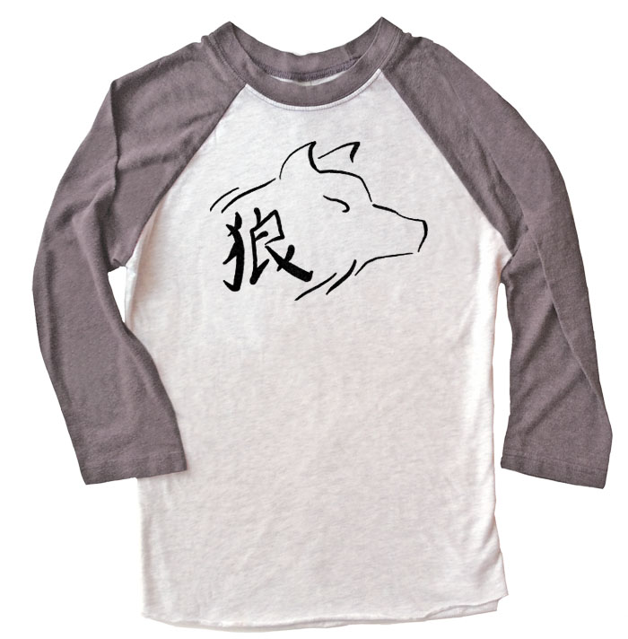 Ookami Wolf Raglan T-shirt 3/4 Sleeve - Grey/White