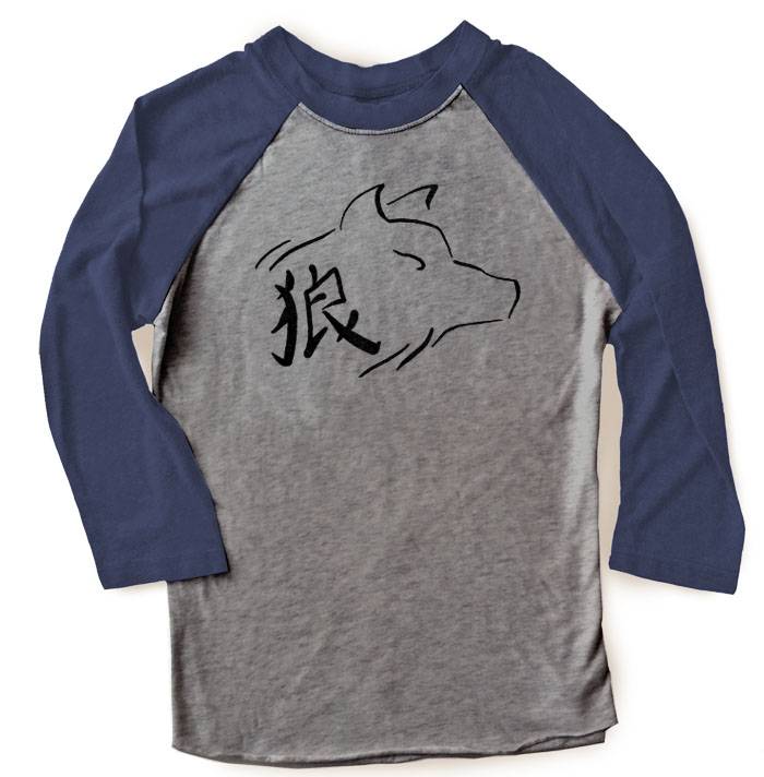 Ookami Wolf Raglan T-shirt 3/4 Sleeve - Navy/Grey