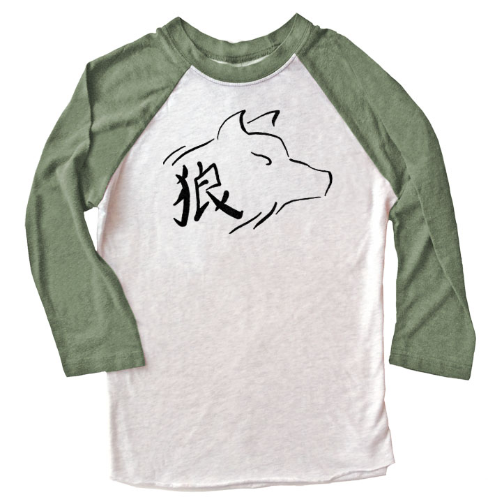 Ookami Wolf Raglan T-shirt 3/4 Sleeve - Olive/White