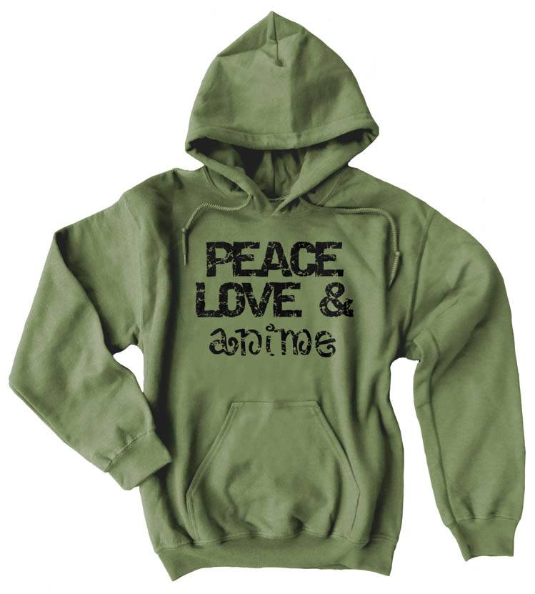 Peace, Love & Anime Pullover Hoodie - Olive Green