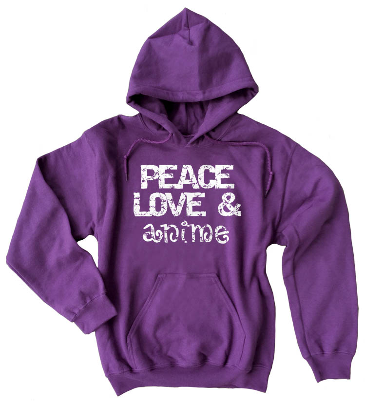Peace, Love & Anime Pullover Hoodie - Purple