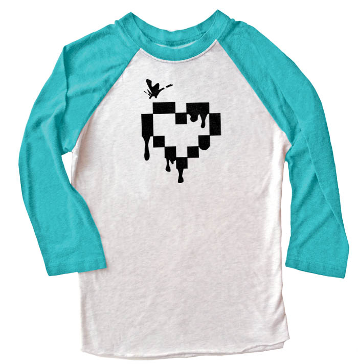 Pixel Heart Raglan T-shirt 3/4 Sleeve - Teal/White