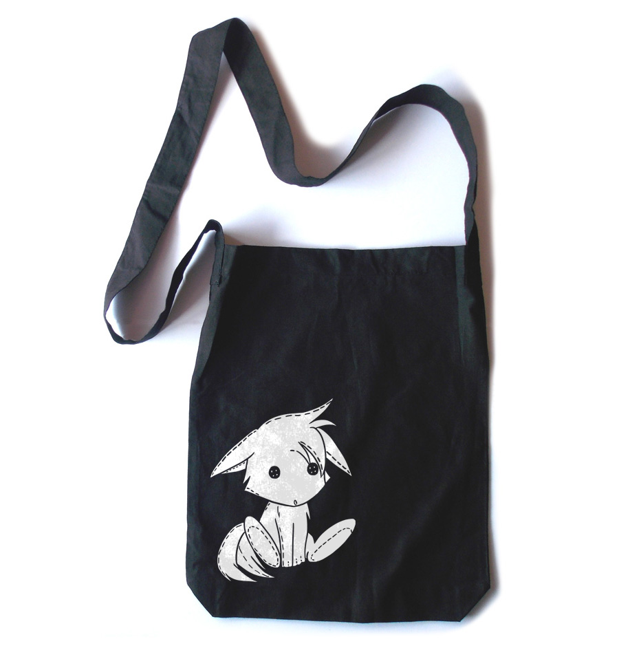Plush Kitsune Crossbody Tote Bag - Black