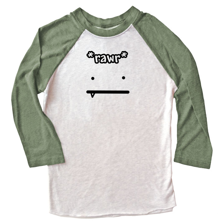 Rawr Face Raglan T-shirt 3/4 Sleeve - Olive/White