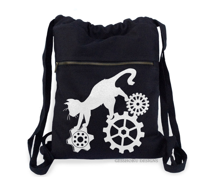 Steampunk Cat Cinch Backpack - Black