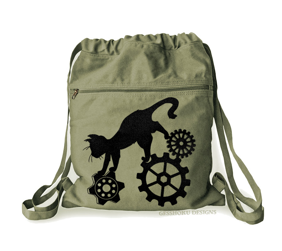 Steampunk Cat Cinch Backpack - Khaki Green