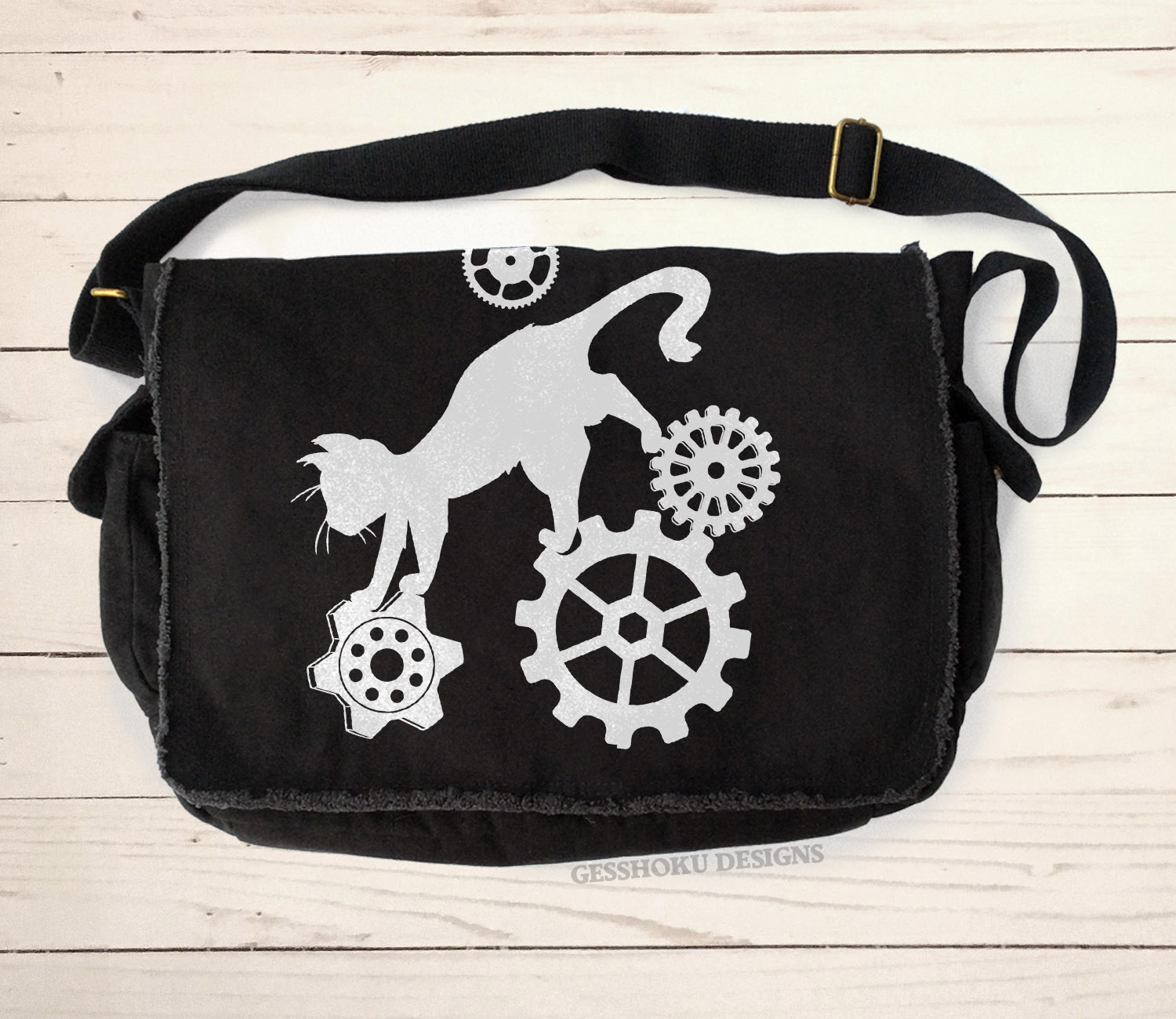 Steampunk Cat Messenger Bag - Black