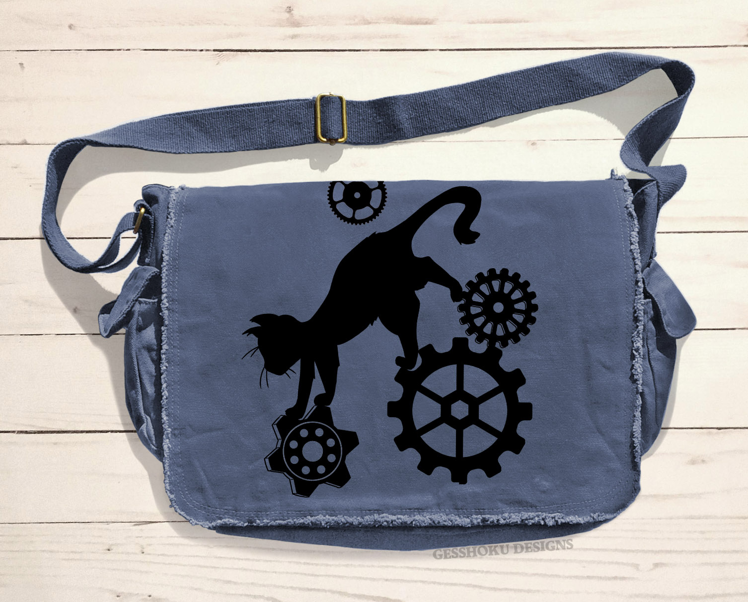 Steampunk Cat Messenger Bag - Denim Blue