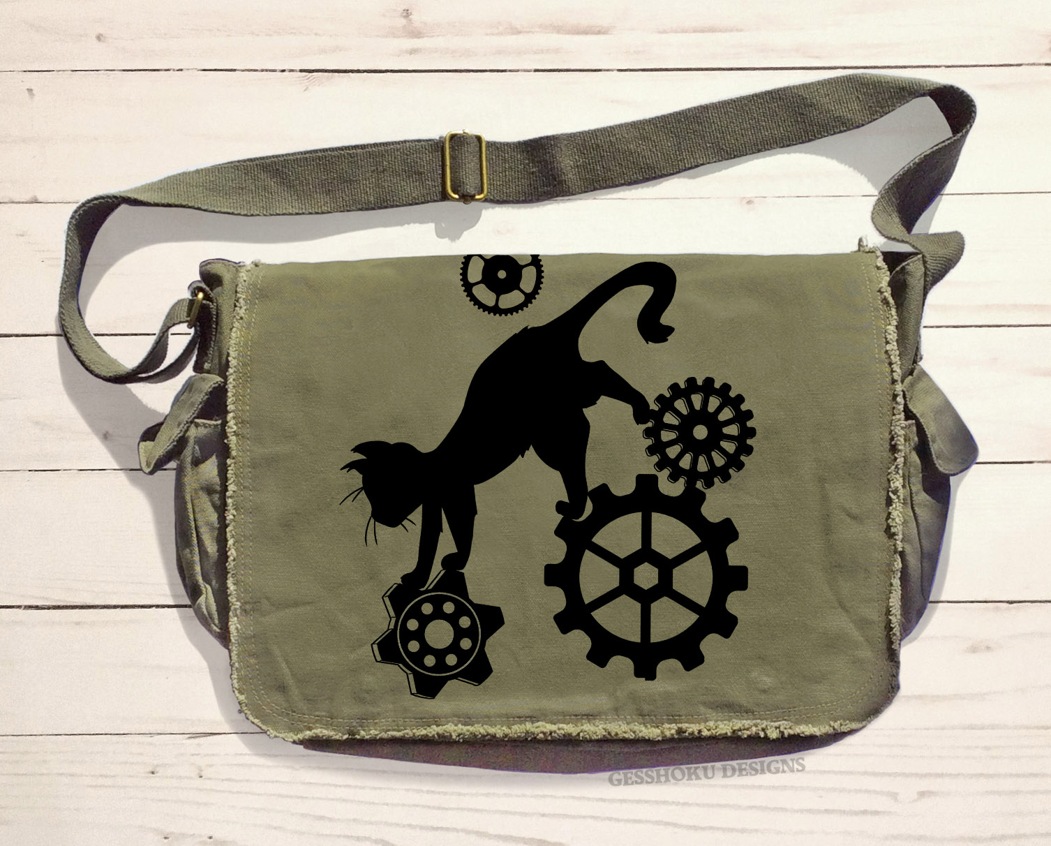 Steampunk Cat Messenger Bag - Khaki Green