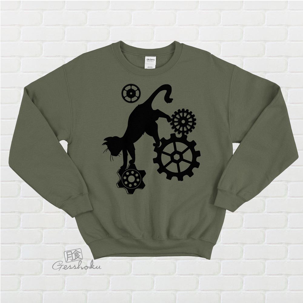Steampunk Cat Crewneck Sweatshirt - Olive Green
