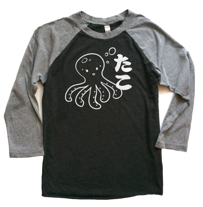 I Love TAKO - Kawaii Octopus Raglan T-shirt 3/4 Sleeve - Grey/Black