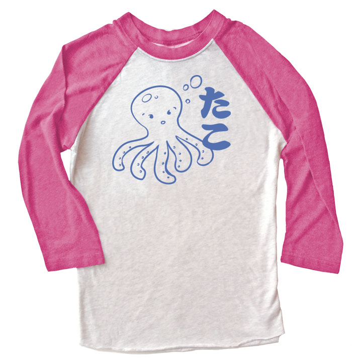 I Love TAKO - Kawaii Octopus Raglan T-shirt 3/4 Sleeve - Pink/White