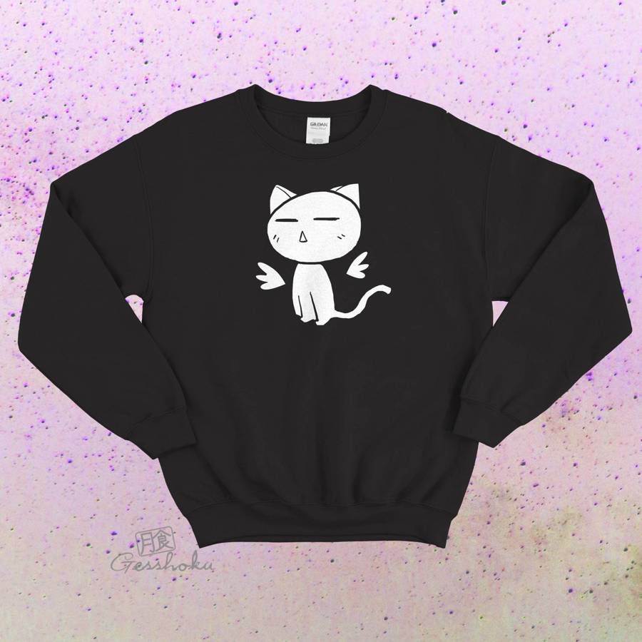 Angel Wings Kawaii Kitty Crewneck Sweatshirt - Black