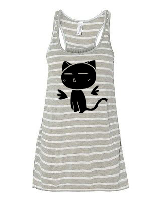 Angel Wings Kitty Flowy Tank Top - Grey/White Stripe