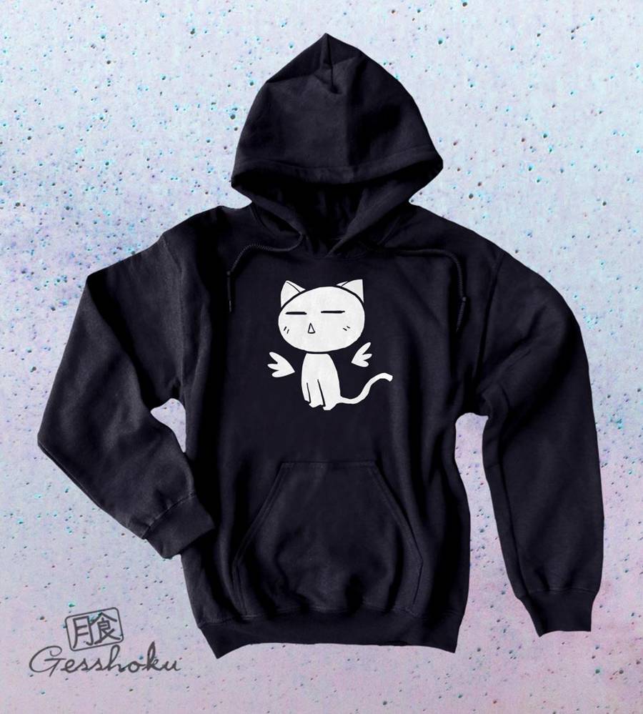 Angel Wings Kawaii Kitty Pullover Hoodie - Black