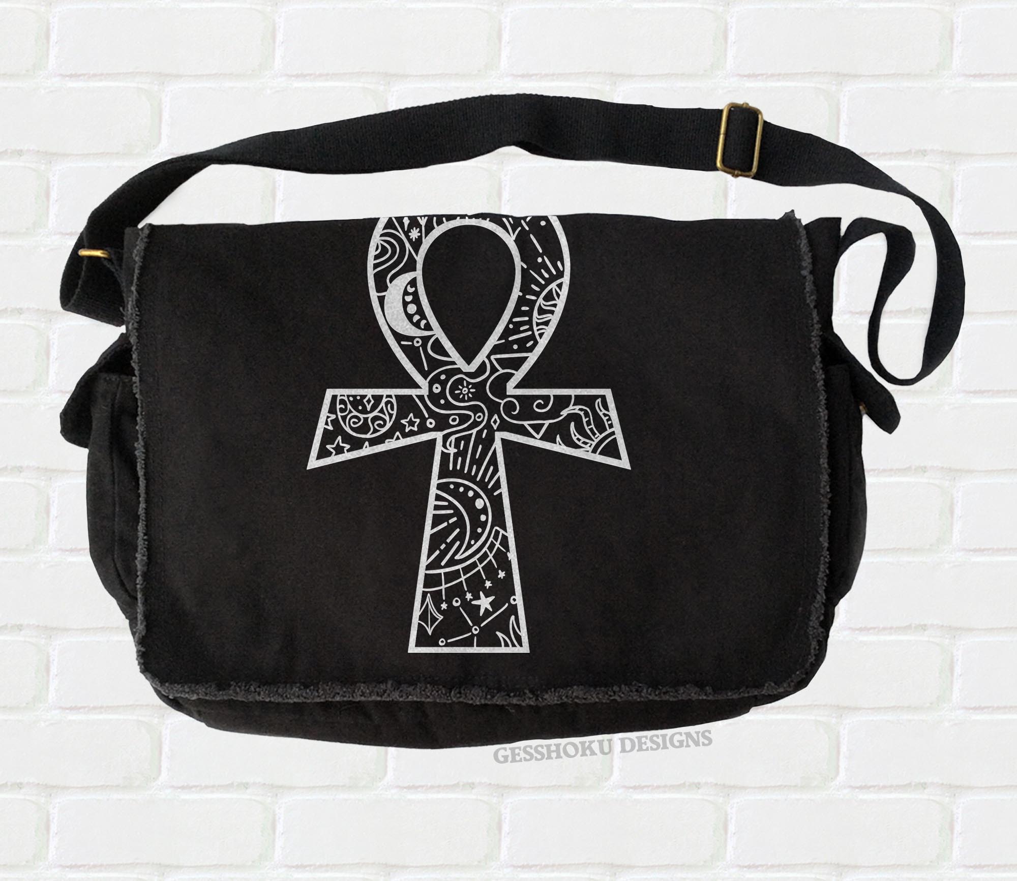 Ankh Illustration Messenger Bag - Black