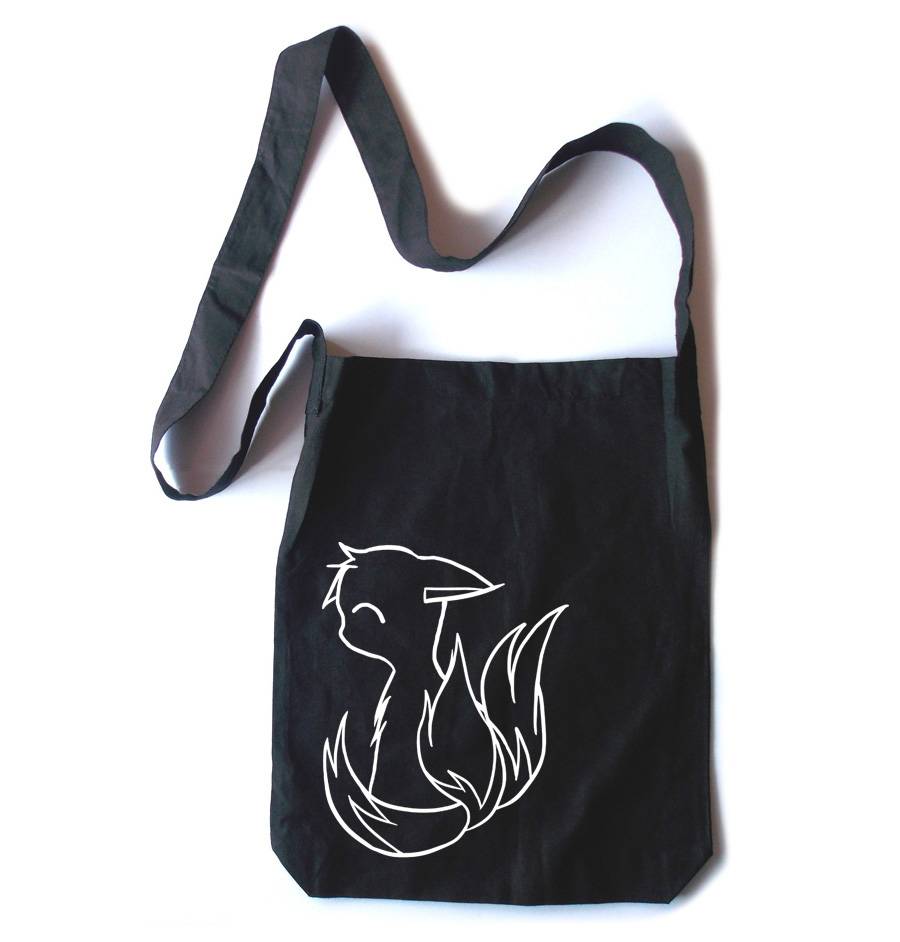 3-tailed Baby Kitsune Crossbody Tote Bag - Black