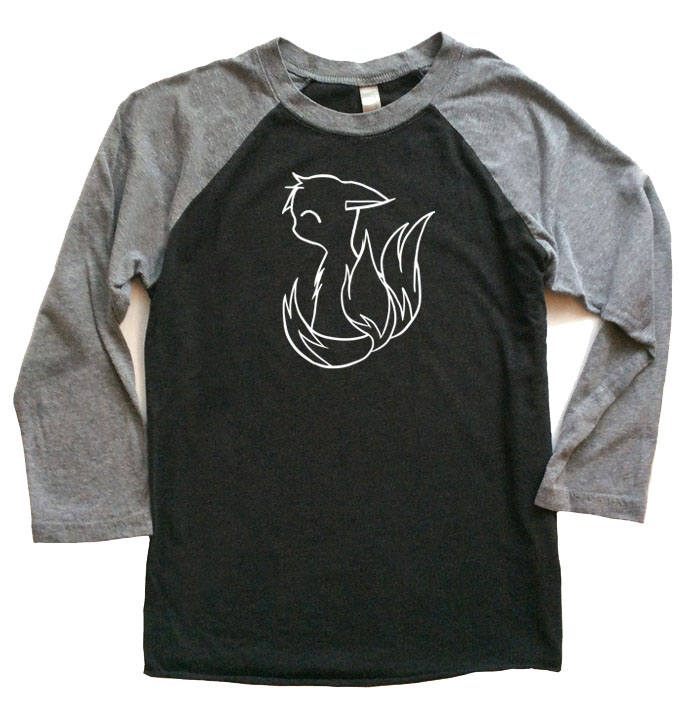 3-Tailed Baby Kitsune Raglan T-shirt 3/4 Sleeve - Grey/Black