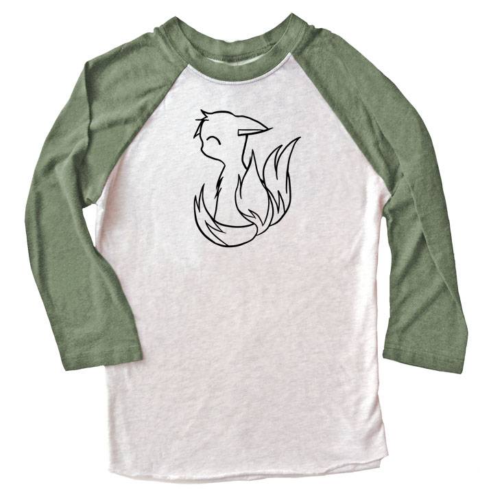 3-Tailed Baby Kitsune Raglan T-shirt 3/4 Sleeve - Olive/White