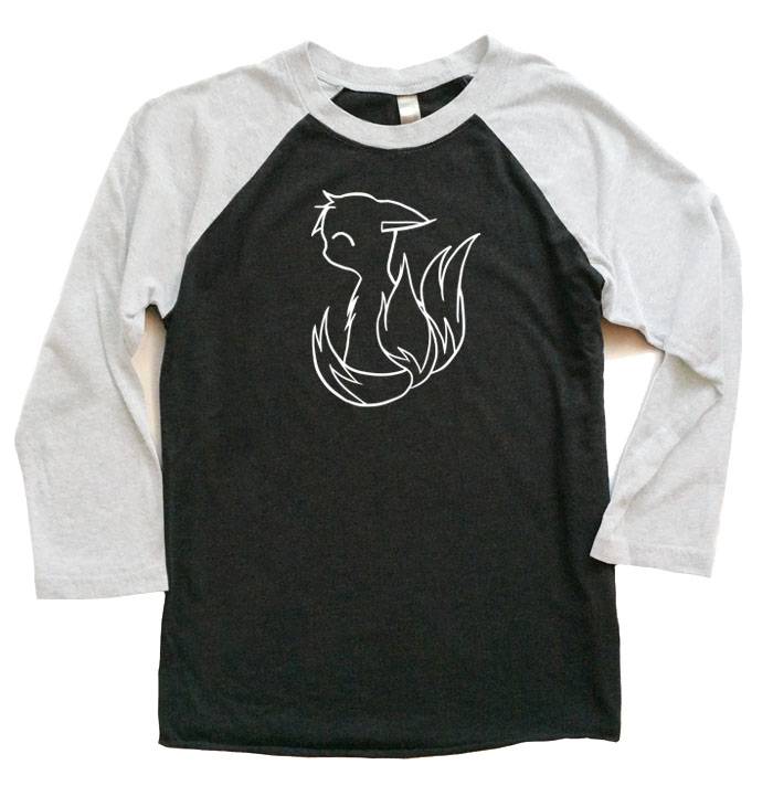 3-Tailed Baby Kitsune Raglan T-shirt 3/4 Sleeve - White/Black