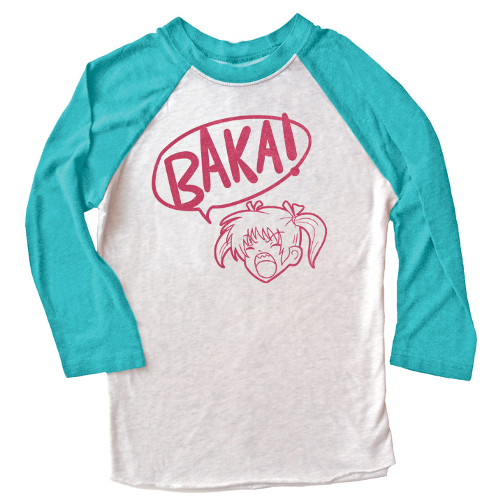 Yelling Anime Girl Raglan T-shirt - Teal/White