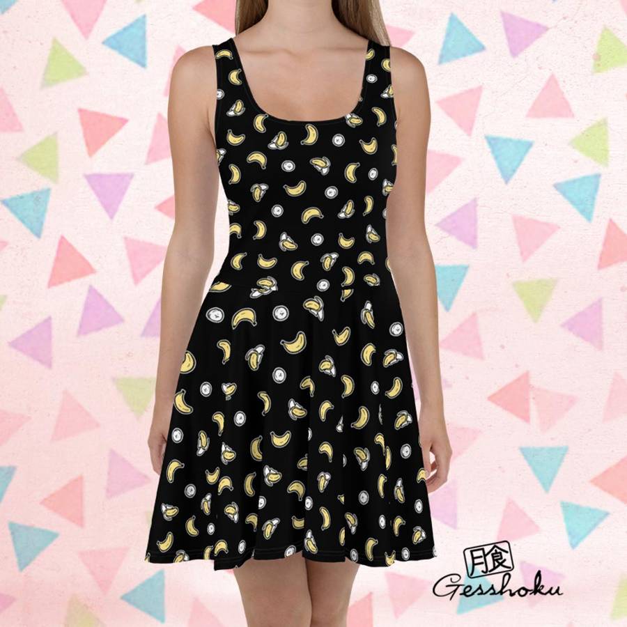 Banana Print Skater Dress - Black