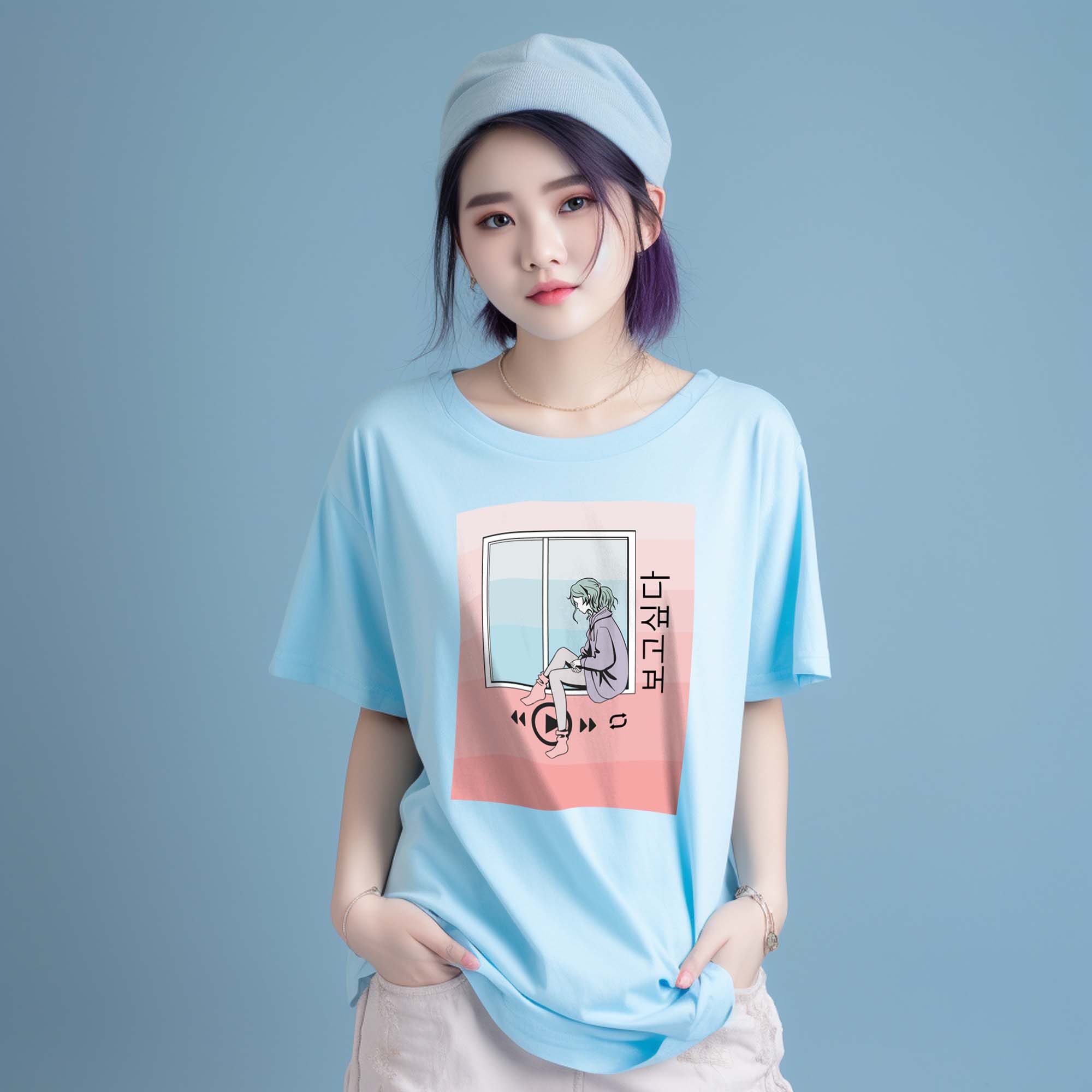 Bogoshipda Window Aesthetic Korean T-shirt - Light Blue