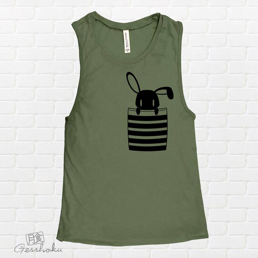 Bunny in My Pocket Sleeveless Tank Top - Olive Green