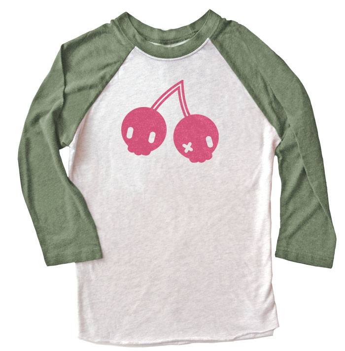 Cherry Skulls Raglan T-shirt - Olive/White