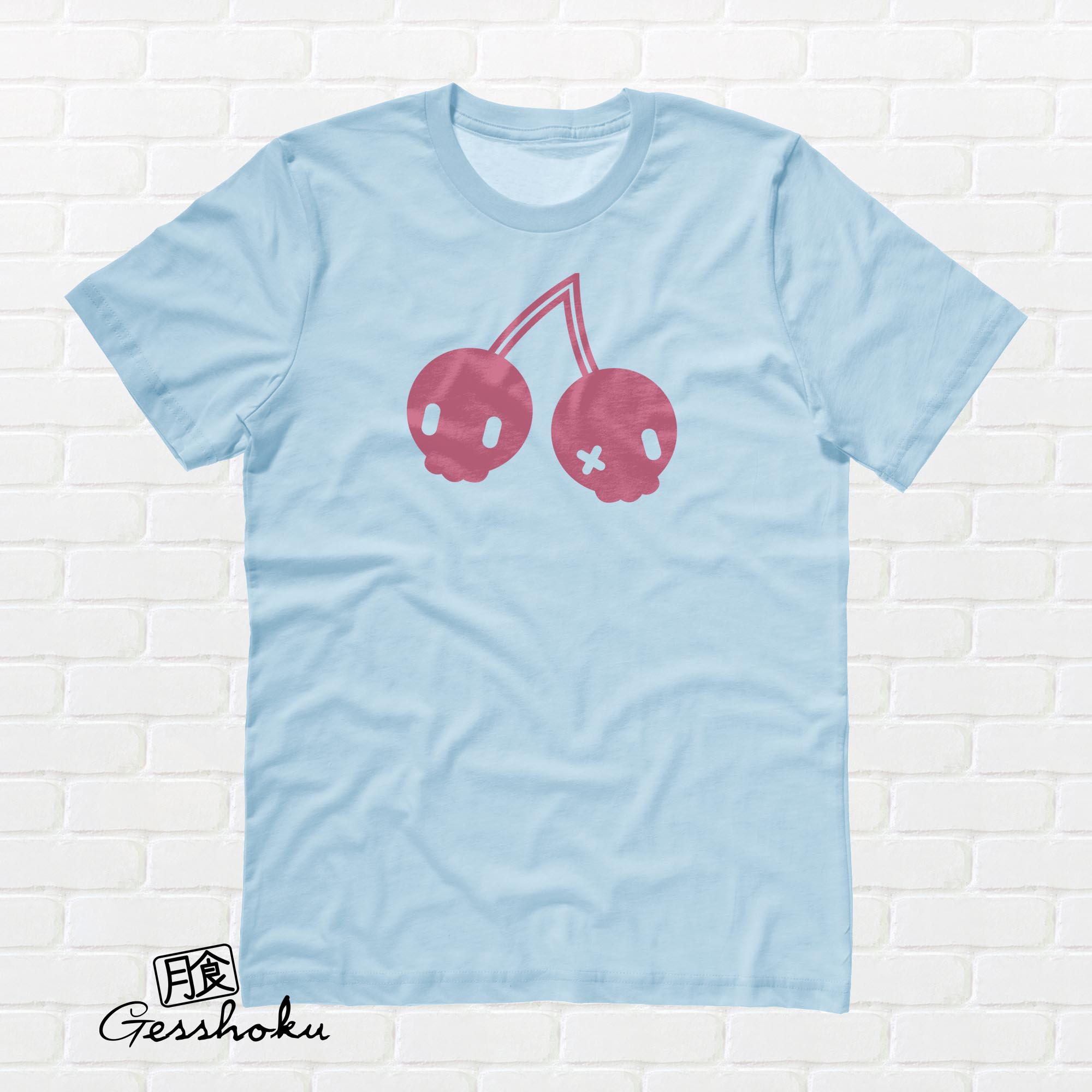 Cherry Skulls T-shirt by Dokkirii - Light Blue