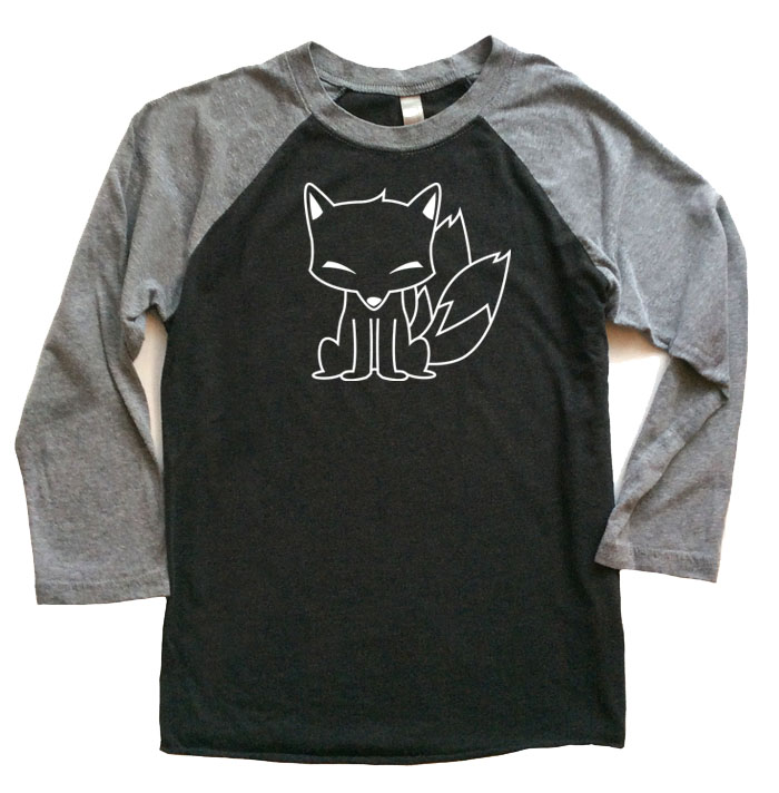 Chibi Kitsune Raglan T-shirt 3/4 Sleeve - Grey/Black