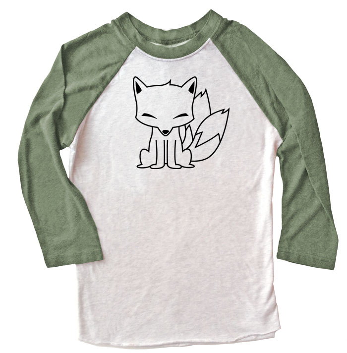 Chibi Kitsune Raglan T-shirt 3/4 Sleeve - Olive/White