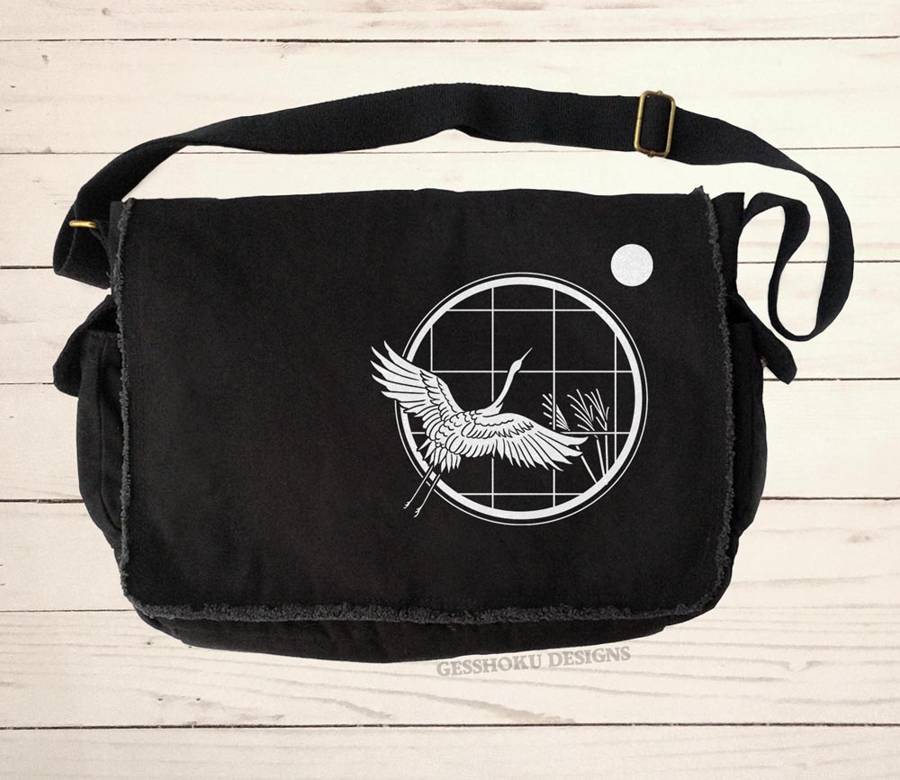 Crane and Moon Messenger Bag - Black