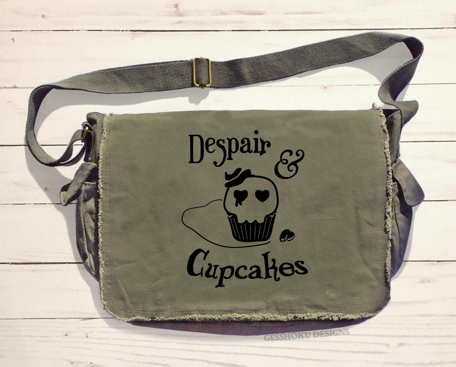 Despair and Cupcakes Messenger Bag - Khaki Green